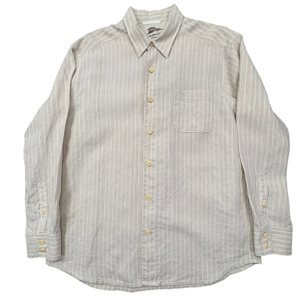 Tommy Bahama 100% Linen Long Sleeve Shirt Mens L Beige Striped Minimalist